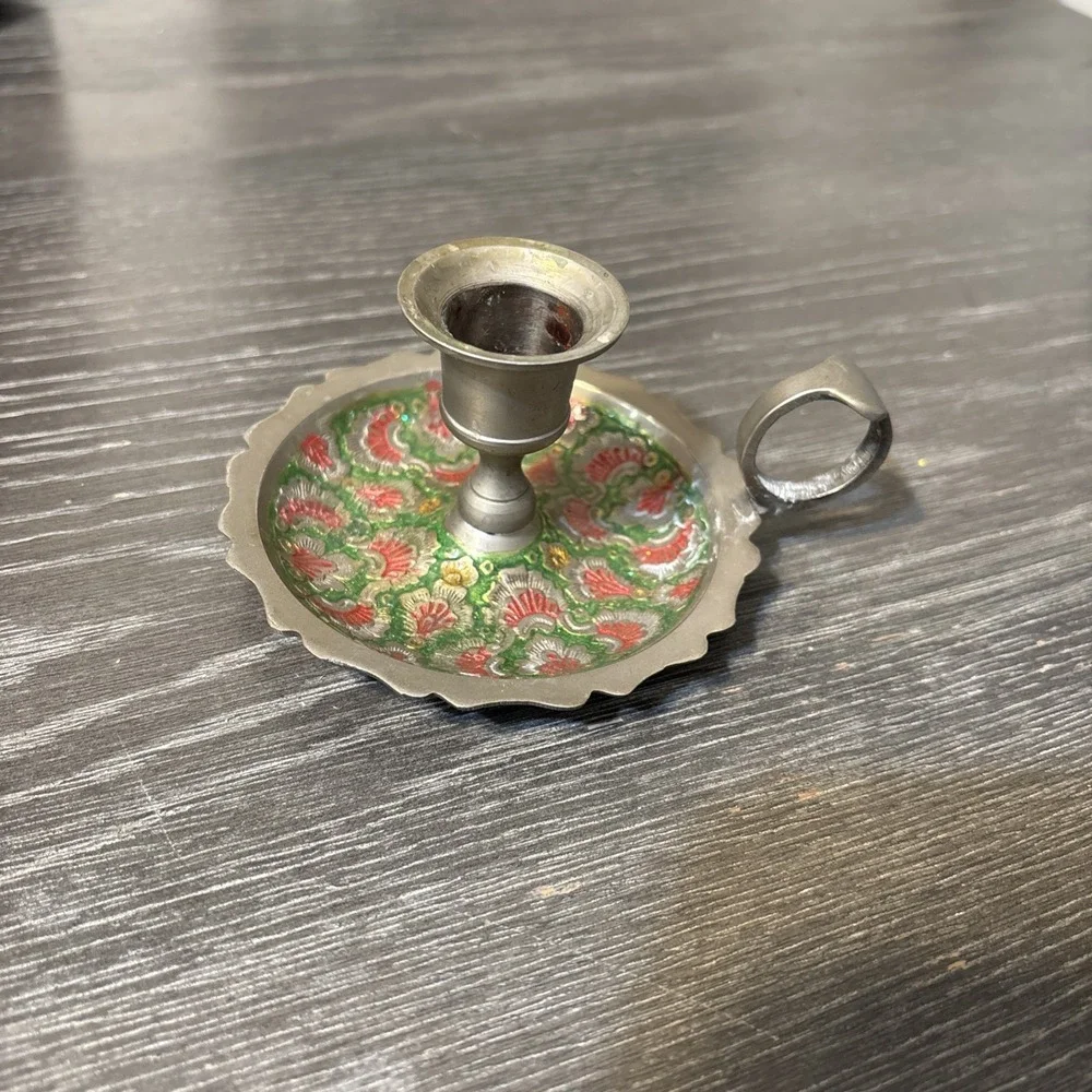 Vtg Enameled Cloisonne Brass Hand Paint‎ s Flamingos Candlestick Candle Holder